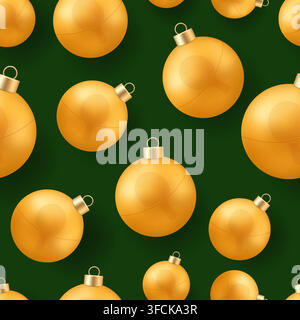 Tischtennis-Weihnachtskugel. Luxuriöse goldene Weihnachtskugeln nahtlos angeordnet auf einem satten grünen Hintergrund für ein festliches Feiertagsdesign.. Stock Vektor