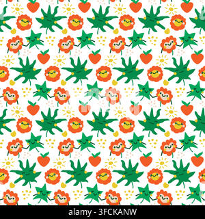 Muster mit fröhlichen Blumen- und Blattcharakteren. Nahtloser, niedlicher Kinderdruck. Freundliche Kawaii-Pflanzen. Lustige einfache Naturformen-Tapete. Positiv Stock Vektor
