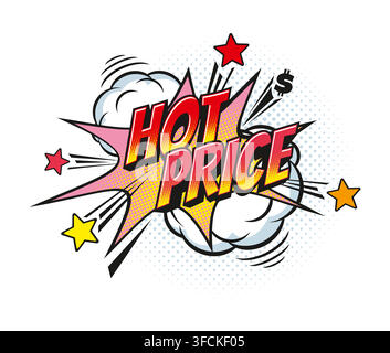 Heißer Preisgeschäft-Comic-Pop-Art-Effekt-Sprechblase. Vektorphrase in Rot und Gelb mit Comicexplosioneffekt, Rauchwolken und verstreuten Sternen Stock Vektor
