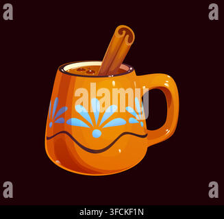 Cartoon-Champurrado-Symbol mit Schokoladengetränk, das mit einem Zimtstock gekrönt ist. Lebendiges traditionelles mexikanisches Heißgetränk in einer orangefarbenen Keramiktasse für Stock Vektor