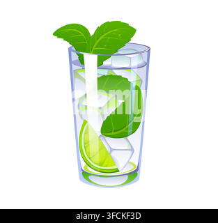 Cartoon-Mojito-Cocktail-Ikone mit einem hohen, klaren Highball-Glas, gefüllt mit Eiswürfeln, einer frischen Limettenscheibe und grünen Minzblättern. Lebendige Erfrischung Stock Vektor