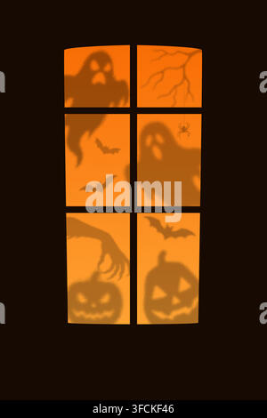 Halloween-Tür mit Geister- und Kürbissilhouetten-Schatten. Gruselige Fenstersilhouetten mit Geistern, Fledermäusen, Kürbissen, Spinne im Netz und Zombie-Hand. Stock Vektor