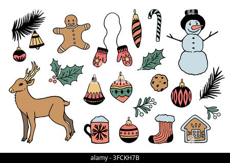 Satz von handgezeichneten Vintage-Weihnachts-Cliparts. Niedliche Doodle-Vektorillustrationen isoliert auf weißem Hintergrund. Stock Vektor