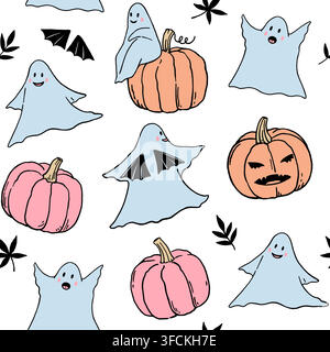 Nahtloses Muster mit niedlichen lustigen Geistern und Halloween-Kürbissen. Handgezeichnete Vektorillustration in Vintage-Pastellfarben Stock Vektor