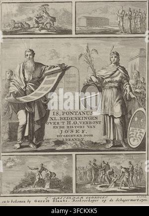 XL Reflexionen über den Heiligen Bund und die Geschichte von Josephs Leben, Titelseite für Isaak Pontanus, XL Reflexionen über verschiedene Materialien des Heiligen Bundes, endend mit der Geschichte von Josephs Leben, 1702, Mose mit der Tora und Joseph mit drei Getreideähren, Druck, Titelseite, Links Mose, der eine Schriftrolle der Tora in seinen Händen hält. Neben ihm die Steintafeln des Gesetzes. Rechts Joseph, der ein Getreidemaß und drei Getreideähren hält. Neben Joseph ein Schild mit einer Darstellung seiner Träume. Zwischen Mose und Joseph der Titel des Buches. Um das Hauptbild herum vier Szenen aus dem Alten Testament Stockfoto
