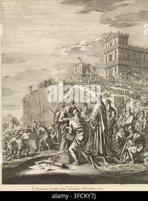 Bau des Tempels des Salomo, Druck, Drucker: Jan Luyken, Amsterdam, Verleger: Christoph Weigel, 1708, Papier, Radierung, Probendruck, Höhe 252 mm x Breite 200 mm, der Bau des Tempels des Salomo. Eine dicht detaillierte Monochrom-Gravur zeigt eine große Gruppe von bekleideten Figuren, die auf einer felsigen Terrasse vor einem massiven klassischen Gebäude versammelt sind, das im Bau oder in der Reparatur ist, mit Gerüsten und Arbeitern, die an der Struktur und entlang der hohen Klippe daneben sichtbar sind; im Vordergrund tragen mehrere zentrale Figuren Kronen und lange Gewänder und gestikulieren in Richtung des Gebäudes, während Stockfoto