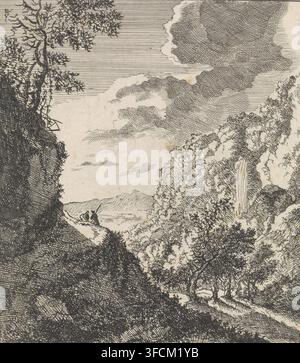 Berglandschaft mit zwei sitzenden Figuren, Landschaften, Druck, Seriennummer, 3, 4, Drucker: Jacob Lutma, nach Entwurf von Jan Both, 1634 - 1654, Papier, Radierung, Höhe 145 mm x Breite 125 mm, Wasserfall, Berge., Eine monochromatische Tintenlandschaft, die felsige Klippen und dichte Bäume mit detaillierten Kreuzhatchings zeigt, ein Wasserfall, der rechts zwischen dem Laub hinunterfließt, ein sich windender Pfad oder Bach, der durch die Szene verläuft, geschichtete Wolken und Himmel, die mit feinen horizontalen und gebogenen Linien dargestellt sind, und zwei kleine silhouettierte Figuren, die in mittlerer Entfernung nahe dem Rand einer Klippe sitzen. Stockfoto