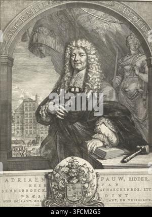 Adriaen Pauw, Ritter, Herr von Bennebroeck, Schaeckenbos usw., Präsident über Holland, Seeland und Friesland., Porträt von Adriaen Pauw, Druck, Porträt von Adriaen Pauw. Der Binnenhof ist hinten links zu sehen, die Gerechtigkeit rechts., Kupferstecher: Romeyn de Hooghe, Niederlande, 1670 - 1697, Papier, Radierung, Höhe 455 mm x Breite 345 mm, Person, Gerechtigkeit, 'Justitia', 'Giustitia divina' (Ripa), eine der vier Kardinaltugenden, Den Haag, Binnenhof., Ein detailliertes gestochenes Porträt zeigt einen Mann mit langen, lockigen Haaren, der prunkvolle Kleidung und einen Spitzenkragen trägt, sitzt mit einer Hand, die auf einem Stockfoto
