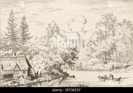 Fässer und Bretter am Flussufer, Druck, Fluslandschaft mit Blick auf eine Kirche. In einem Ruderboot ziehen zwei Personen ein Fischernetz ein. Am Flussufer, in der Nähe eines Hauses, liegen einige Bretter und Fässer., Druckgrafiker: Allaert van Everdingen, Niederlande, 1631 - 1675, Papier, Radierung, Höhe 95 mm x Breite 140 mm, Sport, Spiele, Tiere., Eine detaillierte monochromatische Landschaftszeichnung, die ein Strohdachhaus an einem Fluss zeigt, mit Fässern und Brettern in der Nähe des Eingangs, hohen Bäumen und Büschen, die die Mittelgrund füllen, und einem größeren Steingebäude mit einem steilen Dach und einem Turm, der teilweise im Laubwerk versteckt ist; ein kleines Stockfoto