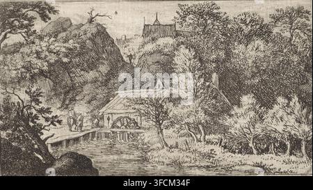 Wassermühle am Fuße eines Berges, Druck, Landschaft mit Blick auf drei Personen an einer Wassermühle. Einige Dächer sind hinter den Bergen sichtbar., Druckgrafiker: Allaert van Everdingen, Niederlande, 1631 - 1675, Papier, Radierung, Höhe 84 mm x Breite 147 mm, Wassermühle in der Landschaft., Eine monochromatische Landschaftsradierung, die eine Wassermühle mit einem sichtbaren Rad neben einem kleinen Bach zeigt, ein Gebäude mit Satteldach, das teilweise von Bäumen verdeckt ist, eine hölzerne Brücke oder ein Steg über das Wasser, felsige Hügel, die sich hinter der Mühle erheben, dichte Baumgruppen und Laub, die einen Großteil der Szene ausfüllen, einige menschliche Figuren auf dem Weg Stockfoto
