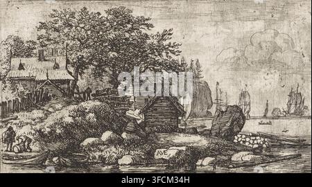 Flusslandschaft mit zwei Ruderbooten, Zwei leere Boote, Druck, Blick auf ein Weiler mit einigen Holzhäusern am Wasser. Im Vordergrund zwei Ruderboote und am Ufer zwei Personen bei einem Fass. Im Hintergrund Segelschiffe., Druckgraphiker: Allaert van Everdingen, Niederlande, 1631 - 1675, Papier, Radierung, Höhe 85 mm x Breite 150 mm, Fluss (+ Landschaft mit Figuren, Staffage)., Eine detaillierte Tintenlandschaft zeigt eine Uferlandschaft mit gruppierten Bäumen und Laub hinter kleinen Holzhäusern und Zäunen, einem steilen grasbewachsenen Ufer und felsigen Ausläufern, die zum Wasser hinabführen, mehrere kleine Ruderboote, die am Stockfoto