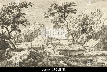 Landschaft mit Wassermühle, Druck, Ansicht mehrerer Häuser und einer Wassermühle an einem Wasserfall. Zwei Personen sitzen im Vordergrund an einem kleinen Hügel, während eine dritte etwas auf dem Rücken trägt., Druckgrafiker: Allaert van Everdingen, Niederlande, 1631 - 1675, Papier, Radierung, Höhe 98 mm x Breite 152 mm, Wassermühle in der Landschaft (+ Stadt(-bild) mit Figuren, Staffage)., Eine detaillierte Feder- und Tintenlandschaft, die Bäume mit strukturiertem Laub und gewundenen Stämmen zeigt, die eine ländliche Szene umrahmen, mit mehreren Strohdächern und Giebelgebäuden zwischen Büschen und Hecken, einem kleinen Wasserrad, das an einem einfachen Stockfoto