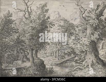 Bach im Wald, Druck, Ansicht eines Waldbachs mit zwei Personen und einem Ruderboot am Ufer., Drucker: Allaert van Everdingen, Niederlande, 1631 - 1675, Materialien nach Funktion, Papier, Tinte, Radierung, mit Tinte retuschiert, Höhe 143 mm x Breite 194 mm, Bach (+ Landschaft mit Figuren, Staffage)., Eine detaillierte Schwarzweißradierung einer dichten bewaldeten Szene mit vielen Bäumen unterschiedlicher Formen und Größen, einige mit verdrehten Stämmen und knorrigen Ästen und andere mit belaubten Kronen, ein schmaler Wasserlauf, der durch den Vordergrund verläuft, mit einer kleinen Holzbank oder Plattform an seinem Rand, ein gefallener Stamm liegt Stockfoto