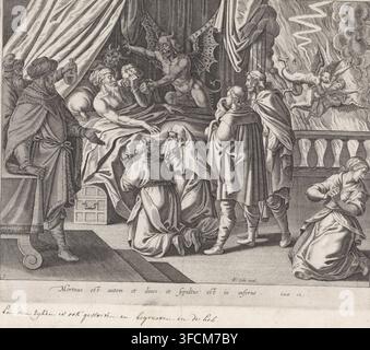 Todesbett des Reichen, Gleichnis vom reichen Mann und armen Lazarus, Druck, Seriennummer, 3, 4, Der reiche Mann liegt in einem Bett, umgeben von Ärzten, Priestern und weinenden Frauen. Zwei Teufel stehen neben seinem Bett. Im Hintergrund fliegen zwei Teufel mit der Seele des reichen Mannes in die Tiefen der Hölle. Der Druck hat eine lateinische Inschrift und ist Teil einer Serie über das Gleichnis vom reichen Mann und Lazarus, Bildunterschrift: 'Und der reiche Mann starb auch und wurde begraben und der Hölle', Druckgrafiker: Theodoor Galle (möglicherweise), Verleger: Theodoor Galle, Antwerpen, 1581 - 1633, Theodoor Galle, Druckgrafiker, Verleger, Papier, Kupferstich Stockfoto