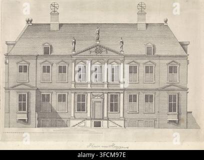 Haus von Constantijn Huygens von vorne gesehen, Druck, Haus von Constantijn Huygens, das auf dem Plein in Den Haag stand, von vorne gesehen., Stecher: Theodor Matham, Stecher: Hendrick Hondius (I), Stecher: Gillis van Scheyndel (I), nach Entwurf von Pieter Jansz. Post, Nordniederlande, 1639, Papier, Radierung, Gravur, Höhe 229 mm x Breite 331 mm, Person, Constantijn Huygens (I), städtisches Wohnhaus, Fassade (von Haus oder Gebäude), Den Haag, Plein., Eine detaillierte architektonische Ansicht eines großen klassischen Gebäudes in feiner Linienführung, die eine symmetrische dreistöckige Fassade zeigt Stockfoto
