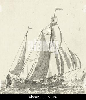 Segelschiff auf den Wellen, Verschiedene Boote Serie B, Druck, Seriennummer, 11, 12, Segelschiff mit einer Anzahl von Figuren auf den Wellen. Drei weitere Segelschiffe sind im Hintergrund rechts zu sehen. Dieser Druck ist Teil einer Serie von zwölf Drucken mit Booten., Druckgrafiker: Gerrit Groenewegen, Rotterdam, 1787, Papier, Radierung, Höhe 154 mm x Breite 122 mm, Schiffe (allgemein)., Eine detaillierte Schwarzweiß-Stiftzeichnung eines Segelschiffs, das aus einem Winkel gesehen ist, zeigt hohe Masten mit aufgerollten und teilweise aufgesetzten Segeln, die mit feinen parallelen Schraffuren dargestellt sind, zahlreiche Taklingslinien und Spiere, ein Bugspriet Stockfoto