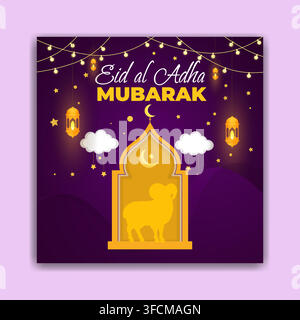 Festliche Eid al Adha-Grußkarte mit goldenem Bogen, Schafssilhouette, Halbmond, Laternen und dekorativen Lichtern auf tiefviolettem Hintergrund. Stock Vektor