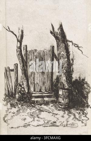 Holztor mit Regenfass, Druck, Druckgrafiker: Jan Gerard Smits, Den Haag, im Jahr 1855 oder früher, Papier, Chine kollé, Radierung, Radierung auf Chine kollé, Höhe 111 mm x Breite 76 mm, Tor, Eingang. Eine vertikale Tuschezeichnung zeigt ein rustikales Holztor aus ungleichmäßigen Brettern, das zwischen zwei rauen Baumstämmen mit knorrigen Ästen gesetzt ist, ein Stamm höher und leicht nach innen geneigt. Rechts vom Tor ruht ein hölzernes Fass auf dem Boden neben dichtem, dunklem Laub, und links steht ein kurzer Zaunpfahl und eine Ansammlung von Blättern und Pflanzen nahe der Basis des linken Stammes. Der Vordergrund zeigt eine Textur Stockfoto