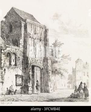 Verkäufer vor einem Kirchenportal, Druck, Ein Mann betritt ein Kirchenportal. Ein Mann mit einem Hund sitzt an der Mauer der Kirche. Rechts mehrere Verkäufer auf der Straße., Graphiker: Cornelis Springer, Amsterdam, 1827 - 1891, Papier, Radierung, Probedruck, Höhe 205 mm x Breite 162 mm, Teile der Kirchenfassade und Anbauten: Portal., Eine detaillierte Feder- und Tintenansicht eines alten Steingebäudes mit einem verzierten Gewölbeeingang und geschnitzten Statuen, die den Eingang flankieren, angrenzende Steinmauern mit gewölbten Fenstern und einem steilen Ziegeldach, eine Straßenszene mit einem Soldaten, der am Eingang steht, und einem Sitzenden Stockfoto