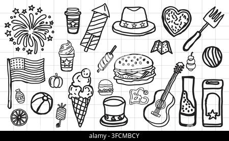 Schwarzweiß-Doodle-Illustration mit Feuerwerk, Essen, Getränken, Flaggen und festlichen Symbolen, die eine Sommerfeier repräsentieren. Stock Vektor