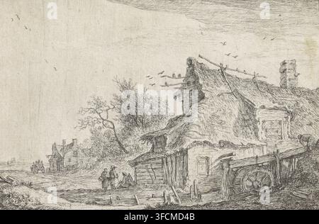 Dorfansicht mit einer Wassermühle, Landschaften mit Gebäuden, Druck, Mehrere Häuser stehen in einer Landschaft. Rechts steht ein Haus mit Strohdach und einer Wassermühle. Vor dem Haus sind mehrere Figuren abgebildet., Druckgrafiker: Anthonie Waterloo, Amsterdam (möglicherweise), 1630 - 1663, Papier, Radierung, Höhe 91 mm x Breite 139 mm, Dorf, Wassermühle in der Landschaft., Eine detaillierte Federzeichnung, die eine ländliche Szene mit einem strohgedeckten Häuschen im Vordergrund zeigt, dessen Dach mit dichten, texturierten Linien und einem Schornstein an einem Ende dargestellt ist, ein hölzernes Wagenrad und Zaunelemente in der Nähe des Häuschens, und eine Stockfoto