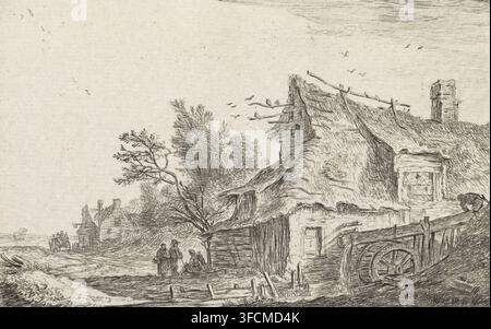 Dorfansicht mit einer Wassermühle, Landschaften mit Gebäuden, Druck, Seriennummer, 4, 11, In einer Landschaft stehen mehrere Häuser. Rechts steht ein Haus mit einem Strohdach und einer Wassermühle. Vor dem Haus sind mehrere Figuren dargestellt., Drucker: Anthonie Waterloo, Verleger: Pierre François Basan, Paris (möglicherweise), Verleger: Henry Louis Basan, Verleger: Auguste Jean (Verleger), 1630 - 1663, 1788 - 1832, Papier, Radierung, Höhe 97 mm x Breite 144 mm, Dorf, Wassermühle in der Landschaft., Eine detaillierte Monochrom-Skizze, die eine ländliche Szene mit einem Strohdachhaus auf der rechten Seite zeigt, Stockfoto