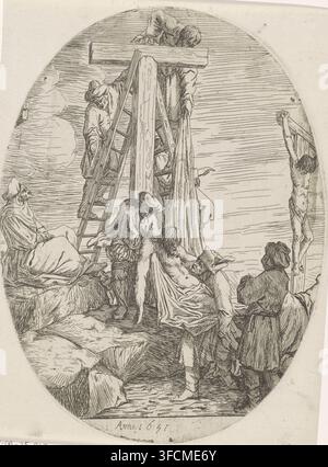 Herkunft vom Kreuz, Druck, Nikodemus und Joseph von Arimathäa nehmen den toten Christus vom Kreuz., Niederlande, 1641, Druckgrafiker, Papier, Radierung, Höhe 208 mm x Breite 156 mm, Herkunft vom Kreuz: Christus wird vom Kreuz abgenommen, normalerweise von Nikodemus und Joseph von Arimathäa, die auf den Leitern stehen (beide Arme Christi sind abgetrennt)., Eine ovale Tintenzeichnung, die eine Gruppe von Figuren um ein hohes Holzkreuz auf felsigem Boden darstellt, mit einer Leiter, die gegen das Kreuz lehnt, und einer bekleideten Figur an der Spitze, die teilweise über den horizontalen Balken drapiert ist; in der Nähe befindet sich eine teilweise entkleidete Figur Stockfoto