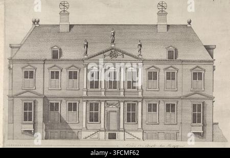 Haus von Constantijn Huygens von vorne gesehen, Druck, Haus von Constantijn Huygens, das auf dem Plein in Den Haag stand, von der Seite gesehen., Inschrift: 'Huis van Constantijn Huygens', Kupferstecher: Theodor Matham, Kupferstecher: Hendrick Hondius (I), Kupferstecher: Gillis van Scheyndel (I), nach Entwurf von Pieter Jansz. Post, Nordniederlande, 1639, Papier, Radierung, Höhe 225 mm, Breite 333 mm, Person, Constantijn Huygens (I), Stadthaus, Fassade (von Haus oder Gebäude), Den Haag, Plein., Eine detaillierte architektonische Zeichnung eines symmetrischen dreistöckigen Gebäudes mit einem steilen Walmdach, Stockfoto