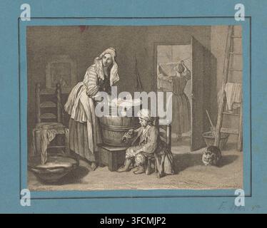 Interieur mit waschenden Frauen und einem Kind, das Seifenblasen pustet, Druck, Druckgrafiker: Alexandre Collette, nach einem Gemälde von Jean Baptiste Siméon Chardin, 1836 - c. 1869, Papier, Chine collé, Lithografie, Höhe 293 mm x Breite 361 mm, Junge (Kind zwischen Kleinkind und Jugend), Wäsche zum Trocknen aufhängen, Seifenblasen pusten (Kinderspiele), Waschhaus, Hauswäscherei, Waschküche. Eine mit einer blauen Matte gerahmte Radierung zeigt eine Innenszene mit drei Frauen und Haushaltsgegenständen; eine Frau mit Kopftuch und geschichteter Kleidung beugt sich über eine große Holzwanne, die mit Stoff gefüllt ist, ein sitzendes Mädchen in einem Kleid und Stockfoto