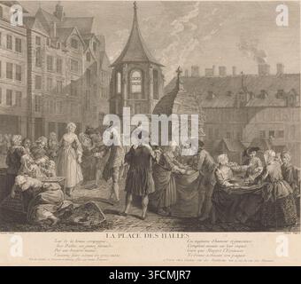 La place des Halles, Les Halles in Paris, Druck, Drucker: Jacques Aliamet, Frankreich, nach einem Gemälde von Etienne Jeaurat, Paris, 1759, Papier, Radierung, Kupferstich, Höhe 357 mm x Breite 418 mm, Markt, Wohnen, Dorfplatz, Platz, Les Halles., Eine belebte Straßenszene vor hohen mehrstöckigen Gebäuden mit vielen Fenstern und Satteldächern, mit einem zentralen kleinen Kuppelpavillon mit einem gewölbten Durchgang und einer höheren spitz zulaufenden Dachkonstruktion dahinter; Gruppen von Menschen in historischen Kleidern füllen den Vordergrund, darunter Frauen in langen Kleidern und Kopftüchern sowie Männer in Mänteln und Dreispitz Stockfoto
