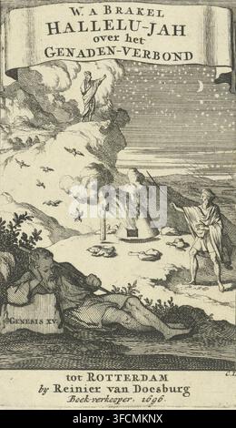 Abraham ruht und vertreibt Vögel, während er den Sternenhimmel betrachtet, Titelseite für: W. à Brakel, Halleluja oder Lobpreis des Herrn, über den Bund der Gnade und seine Verwaltung im Alten und Neuen Testament, 1696, Druck, Titelseite, Kupferstecher: Jan Luyken, Amsterdam, Verleger: Reinier van Doesburg, Rotterdam, Papier, Radierung, Höhe 148 mm x Breite 91 mm, Abraham zählt die Sterne, Abraham vertreibt die Vögel, die auf die Kadaver herabfliegen, Gottes Bund mit Abraham (Genesis 15). Eine schwarzweiße Radierung, die eine felsige Landschaft mit Figuren und Tieren zeigt. Im oberen Bereich Stockfoto