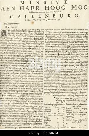 Schriftstück über den Verlauf der Seeschlacht bei Malaga, 1704, Missive aen Haer Hoog Mog: Gecshreven door den Lieutenant-Admiraal Callenburg, In 's Lands Schip Katwyck den 5 September, Textblatt, Schriftstück über den Verlauf der Seeschlacht vor Malaga zwischen der anglo-holländischen und der französischen Flotte, 24. August 1704. Brief von Lieutenant-Admiral Gerard Callenburg an die Generalstaaten, in dem er über die Seeschlacht berichtet, geschrieben am 5. September 1704 an Bord des Schiffes Katwyck., Verlag: Paulus Scheltus (I), Den Haag, Gerard Callenburgh, Paulus Scheltus (I), Schreiber (Büroangestellter), Stockfoto