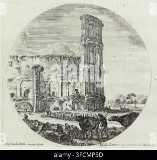 Herden von Kühen und Schafen vor dem Kolosseum, Landschaften und Ruinen in Rom, Paysages et ruines de Rome, Druck, Eine Landschaft mit Hirten und Herden von Kühen und Schafen vor dem Kolosseum in Rom. Ruinen im Hintergrund rechts., Drucker: Stefano della Bella, Verleger: François Langlois, Frankreich, 1620 - 1664, unbekannt, Privilegiengeber, Papier, Radierung, Höhe 126 mm x Breite 135 mm., Eine ovale Radierung, die ein verfallenes Steingebäude mit Bögen und einem hohen zylindrischen Turm mit vertikalen Kanalfurchen und dekorativen Bändern zeigt, Vegetation wächst auf Teilen der Ruinen, kleine menschliche Figur Stockfoto