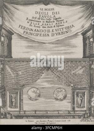 Bühnenbild, Liberetto zu Ehren der Hochzeit von Ferdinando II de'Medici und Vittoria della Rovere, Titelseite für: Giovanni Carlo Coppola, Le nozze degli dei favola, 1637, Druck, ornamentaler Druck, Titelseite, Blick vom Publikum auf eine Bühne. Das Bühnenbild besteht aus zwei Globen. Über dem Dekor ein Vorhang mit Titel., Drucker: Stefano della Bella, Italien, nach Entwurf von Stefano della Bella, nach Entwurf von Alfonso Parigi (il Giovane), Verleger: Massi & Landi, Florenz, gewidmet an: Ferdinando II de' Medici, gewidmet an: Vittoria della Rovere, nach Entwurf von Gian Maria Mariani Stockfoto