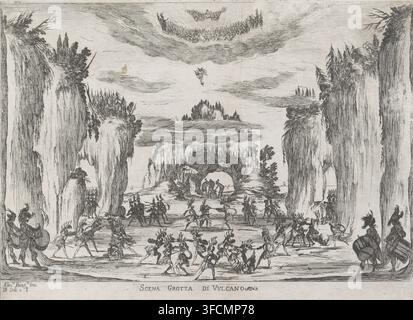 Szene der Grotta di Vulcano, Szene: die Höhle des Vulcan, Liberetto zu Ehren der Hochzeit von Ferdinando II de'Medici und Vittoria della Rovere, Le nozze degli dei favola, Druck, ornamentaler Druck, Eine Ballettszene mit Vulcans Schmiede in einem Hügel im Hintergrund. Klippen an den Seiten. Tänzer und Trommler im Vordergrund. Am Himmel die Götter und Merkur, die sich zur Schmiede hin bewegen., Druckgrafiker: Stefano della Bella, Italien, nach Entwurf von Alfonso Parigi (il Giovane), Verlag: Massi & Landi, Florenz, gewidmet: Ferdinando II de' Medici, gewidmet: Vittoria della Rovere, nach Entwurf von Gian Stockfoto