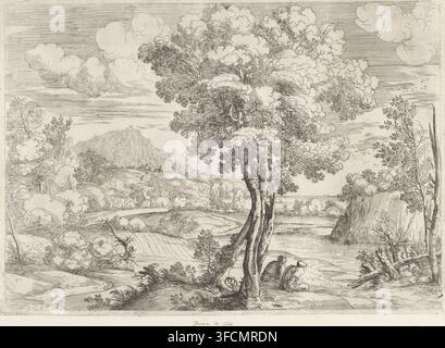 Landschaft mit Vogel auf Baumstumpf, Druck, Eine weite Landschaft mit Hügeln und einem Fluss. Im Vordergrund ein Vogel auf einem Baumstumpf und zwei Männer am Wasserrand., Inschrift: 'B... in Tirol', Druckgrafiker: Giovanni Francesco Grimaldi, Italien, 1616 - 1680, Giovanni Francesco Grimaldi, Druckgrafiker, Papier, Radierung, Proof, Höhe 275 mm x Breite 389 mm, Vögel, Landschaften, Fluss., Eine detaillierte monochromatische Landschaftsradierung, die einen gewundenen Pfad und hügelige Felder zeigt, eingerahmt von Baumgruppen mit texturierten Stämmen und belaubten Kronen, ein großer zentraler Baum mit verschlungenen Stämmen im Vordergrund, ein Gewässer Stockfoto