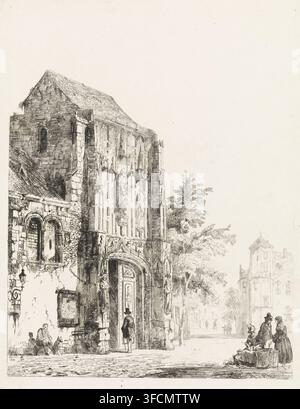 Verkäufer vor einem Kirchenportal, Druck, Ein Mann betritt ein Kirchenportal. Ein Mann mit einem Hund sitzt an der Kirchenmauer. Rechts mehrere Verkäufer auf der Straße., Kupferstecher: Cornelis Springer, Amsterdam, 1827 - 1891, Papier, Radierung, Probedruck, Höhe 205 mm x Breite 161 mm, Teile der Kirchenfassade und Anbauten: Portal., Eine detaillierte Feder- und Tinten-Szene eines alten Steinbaus mit verziertem geschnitztem Portal und hohen gewölbten Fenstern, die verwittertes Mauerwerk und gestaltete Figuren auf der Fassade zeigt, eine Person, die im offenen Portal steht, eine sitzende Figur mit einem Hund in der Nähe einer Mauer, eine Gruppe von Stockfoto