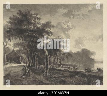 Landschaft mit Hirten, Druck, Landschaft mit zwei Hirten, die auf einem Pfad stehen. Rechts Schafe und Ziegen am Wasser. In der unteren linken Bildschranke das Wappen von Abraham Bredius auf einem Zweig mit Blättern., Druckgraphiker: Willem Steelink (II) (vom Künstler signiert), Niederlande, nach einem Gemälde von Jan Hackaert, 1888 - 1891, Papier, Radierung, Höhe 258 mm x Breite 345 mm, Landschaften in der gemäßigten Zone, Weiden, Hirte, Hirtenfrau, Hirte, Hirtenmädchen, Kuhhirte., Eine monochromatische Landschaftsradierung, die einen bewaldeten Straßenrand mit hohen Bäumen zeigt, die entlang eines Pfades gruppiert sind, ihre dichten Kronen und Textur Stockfoto