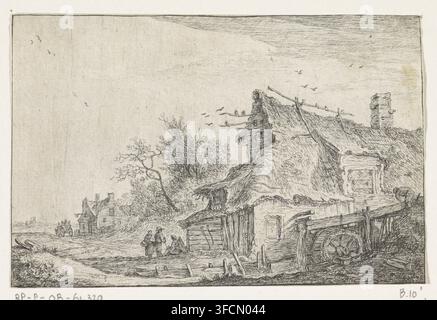 Dorfansicht mit einer Wassermühle, Landschaften mit Gebäuden, Druck, Mehrere Häuser stehen in einer Landschaft. Rechts steht ein Haus mit einem Strohdach und einer Wassermühle. Mehrere Figuren sind vor dem Haus dargestellt., Drucker: Anthonie Waterloo, Amsterdam (möglicherweise), 1630 - 1663, Papier, Radierung, Höhe 91 mm x Breite 139 mm, Dorf, Wassermühle in der Landschaft., Eine detaillierte Feder- und Tinten-Szene zeigt eine ländliche Wassermühlenumgebung mit einem Gebäude mit Strohdach, das die rechte Seite einnimmt, dessen Dach mit Linien texturiert und von Holzpfählen gestützt ist, und einem steinernen Schornstein in der Nähe. Vor der Stockfoto