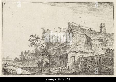 Dorfansicht mit einer Wassermühle, Landschaften mit Gebäuden, Druck, Seriennummer, 4, 11, In einer Landschaft stehen mehrere Häuser. Rechts steht ein Haus mit Strohdach und einer Wassermühle. Vor dem Haus sind mehrere Figuren abgebildet., Drucker: Anthonie Waterloo, Verleger: Pierre François Basan, Paris (möglicherweise), Verleger: Henry Louis Basan, Verleger: Auguste Jean (Verleger), 1630 - 1663, 1788 - 1832, Papier, Radierung, Höhe 97 mm x Breite 144 mm, Dorf, Wassermühle in der Landschaft., Eine ländliche Szene, die in feinen Federstrichen dargestellt ist, zeigt ein strohgedecktes Häuschen mit sichtbarer Textur auf dem Stockfoto