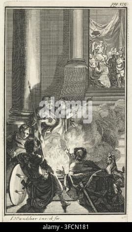 Peter leugnet Christus, Druck, Buchillustration, Peter sitzt mit drei Soldaten um einen Kamin. Ein Hahn steht im Vordergrund rechts. Die Magd neben Peter zeigt auf Christus, der im Hintergrund vor Kaiphas steht. In der oberen rechten Ecke steht: pag: 159., Kupferstecher: Jan Wandelaar, Nordniederlande, 1725, Papier, Radierung, Stich, Radierung und Stich, Höhe 150 mm x Breite 85 mm, Amsterdam: Jacob ter Beek, gewöhnlich vor einer Mädchen-Dienerin und einigen Soldaten., Eine hohe Innenszene zeigt eine große Säule und drapierten Stoff im Hintergrund mit einer Gruppe Stockfoto