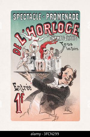 Farblithografisches Plakat, erstellt 1876 von Jules Chéret, um die Spectacle-Promenade de L'Horloge zu bewerben, einen Außenpavillon, der sich auf den berühmten Champs-Élysées in Paris befindet. Stockfoto