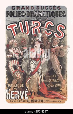 Farbolithografisches Plakat aus dem Jahr 1869 von Jules Chéret zur Förderung von Les Turcs (Die Türken), einem Opéra bouffe, das im Théâtre des Folies-Dramatiques in Paris aufgeführt wurde. Stockfoto