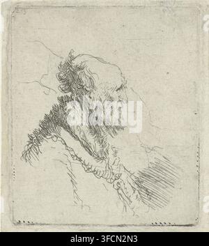 Glatzköpfiger alter Mann mit kurzem Bart, im Profil nach rechts, Druck, Inschrift: '23', Drucker: Rembrandt van Rijn, ca. 1635, Papier, Radierung, Höhe 66 mm x Breite 57 mm., Eine verblasste Skizze auf strukturiertem Papier, die ein Profil eines älteren Mannes mit langem Bart und zurückweichendem Haar zeigt, in feinen linearen Strichen wiedergegeben; sein Haar und Bart sind mit wirbelnden, sich überlappenden Linien dargestellt und sein Gesicht ist mit zarten Konturlinien detailliert; er scheint in geschichtetem, grob schattiertem Stoff oder Fell an Schulter und Brust gehüllt zu sein, mit mehreren Bereichen paralleler Schraffuren, die Schattierung suggerieren; die Komposition ist eingerahmt Stockfoto
