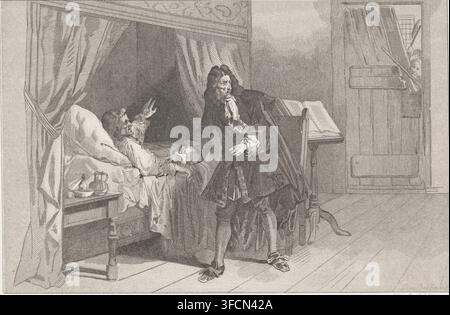 Johan und Cornelis de Witt werden in ihrem Zimmer im Gevangenpoort überfallen, 1672, Druck, historischer Druck, Johan und Cornelis de Witt werden von wütenden bewaffneten Bürgern in ihrem Zimmer im Gevangenpoort in Den Haag überfallen, 20. August 1672. Johan steht neben dem Bett seines kranken Bruders Cornelis. Oben rechts markiert: LI., Druckgrafiker: Jan van der Veen (Druckgrafiker), Niederlande, nach Entwurf von Herman Frederik Carel ten Kate, Drucker (Person): Emrik & Binger, 1853 - 1861, Drucker (Person), Papier, Tonlithografie, Tonlithografie in Schwarz mit einem Tonblock in Graubraun, Höhe 164 mm x Breite 235 mm, Stockfoto