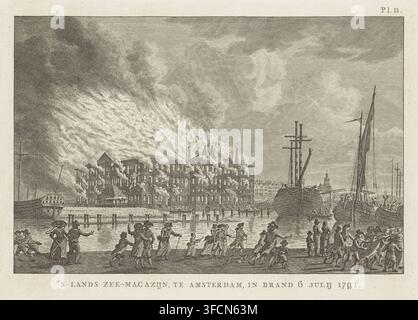 Das Nationale Maritime Lagerhaus in Amsterdam, am 6. Juli 1791 in Brand, Feuer im Nationalen Maritimen Lagerhaus in Amsterdam, 1791, Das Nationale Maritime Lagerhaus vor, während und nach dem Brand von 1791, Druck, Großer Brand im Nationalen Maritimen Lagerhaus in Amsterdam am 6. Juli 1791. Oben rechts markiert: Pl. II. Teil einer Serie von drei über den Brand von 1791., Radierer, nach Zeichnung von, Nordniederlande, Jan Bulthuis, Papier, Radierung, Kupferstich, Radierung und Kupferstich, Höhe 223 mm x Breite 290 mm, in Flammen, brennend, Feuer im Nationalen Seelagerhaus, Amsterdam, Das Nationale Seelagerhaus Stockfoto
