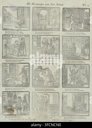 Das Hauswesen von Jan Steen, Druck, volkstümlicher Druck, Blatt mit 12 Illustrationen des Hauswesens von Jan Steen. Jan malt, besitzt eine Brauerei, kauft Enten und stirbt. Unter jeder Illustration ein zweizeiliger Vers. Nummeriert oben rechts: Nr. 2., Verlag: FB Hollingerus-Pypers, Breda, 1815 - 1825, Drucker, Papier, Holzschnitt, Buchdruck, Holzschnitt und Text im Buchdruck, Höhe 385 mm x Breite 340 mm, ein perfektes Durcheinander (niederländisch: 'huishouden van Jan Steen')., Das Bild zeigt ein verblasstes gedrucktes Blatt, das in ein Raster kleiner rechteckiger Szenen unterteilt ist, jede enthält eine einfache Strichradierung von Innen- oder Außen Stockfoto