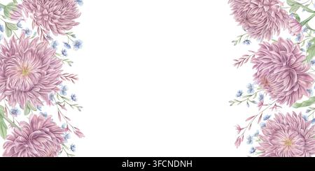 Aquarell-Chrysantheme-Blumenbordüre auf isoliertem Hintergrund. Rechteckrahmen mit rosa und blauen Blumen. Blumenvorlage für Glückwunschkarte zur Einladung Stockfoto