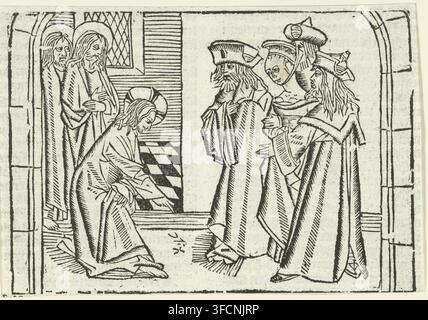Christus und die Sünderin, Druck, Buchillustration, Christus schreibt mit dem Finger auf den Boden. Zwei Jünger neben ihm. Drei Pharisäer halten die Sünderin. Unbekannt: zugeschrieben dem Meister von Delft, Niederlande, unbekannt: zugeschrieben dem Meester van de Delbecq-Schreiber-Passion, unbekannt: zugeschrieben dem Meister der Virgo inter Virgines, 1480 - 1500, 1503, Zugeschrieben, Meister der Delbecq-Schreiber-Passion, Papier, Holzschnitt, Höhe 98 mm x Breite 142 mm, Pharisäer bringen eine Frau, die des Ehebruchs beschuldigt wird, vor Christus (Johannes 8:2-11). Eine schwarz-weiße Holzschnittszene zeigt eine Gruppe von gewandeten Figuren in einem Stockfoto