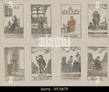Tugenden, Druck, populärer Druck, Blatt mit 8 Darstellungen von Tugenden. Text im unteren Rand jedes Bildes. Nummeriert oben links: Nr. 6., Niederlande, Verlag: anonym, ca. 1700 - ca. 1899, Drucker, Papier, Holzschnitt, farbig, Holzschnitt in Grün und Orange koloriert, Höhe 330 mm x Breite 414 mm, die Sieben Tugenden (symbolisiert). Ein Raster aus rechteckigen Vignetten, gedruckt auf gealtertem Papier, zeigt verschiedene kleine Szenen, jeweils gerahmt von dünnen Bordüren und mit gedeckten Tinten koloriert; in der oberen Reihe sind einige Innenszenen zu sehen, darunter eine Frau, die auf einem Stuhl sitzt, mit einem Hund, der auf den Hinterbeinen an ihren Füßen steht, eine Figur Stockfoto